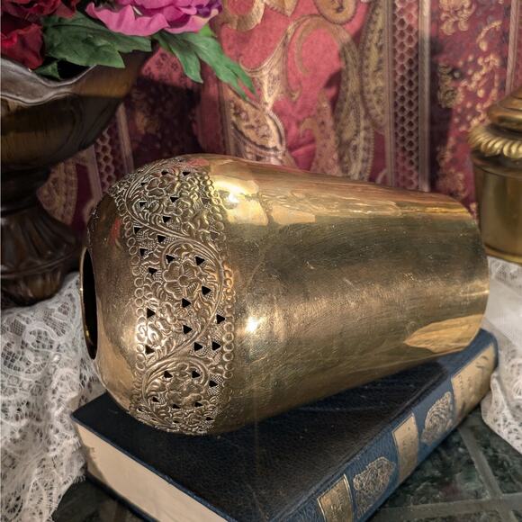 9.5" Tall Vintage Pierced Floral Design Solid Brass Vase, Handmade in India - Picture 4 of 8